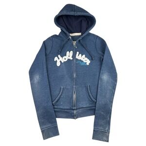 Y2K Hollister Full Zip Hoodie Sweatshirt Blue Women's Small Beach Distressed